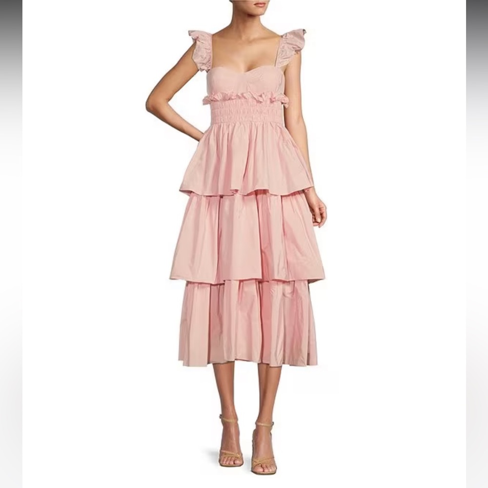 NWT ANTONIO MELANI Leila Sweetheart Neck Taffeta Smocked Tiered Midi Dress - Picture 4 of 9